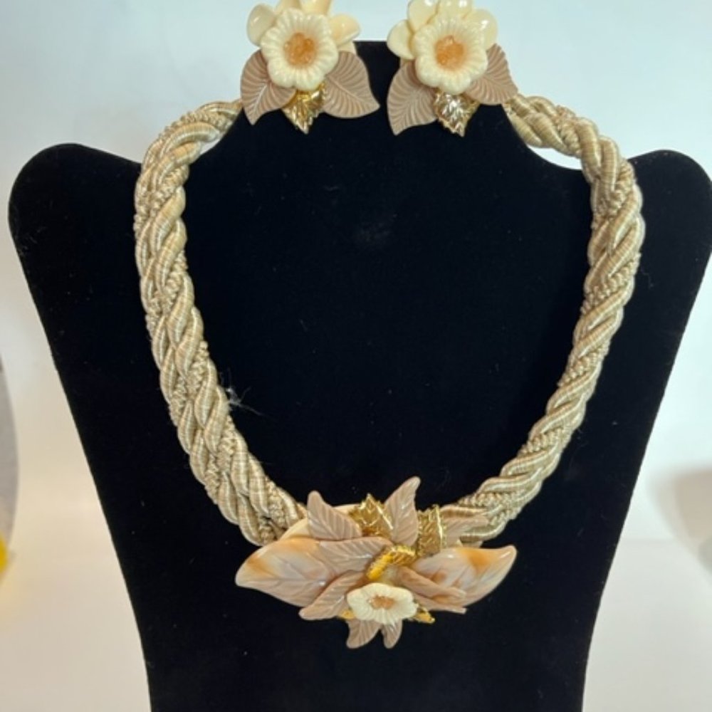 Vintage Rope necklace choker earring set flower leaf design